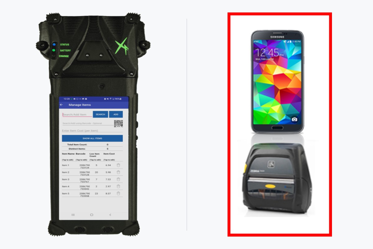 AutoISSUE handhelds — one-piece ruggedized unit and two-piece smartphone + Zebra printer combo
