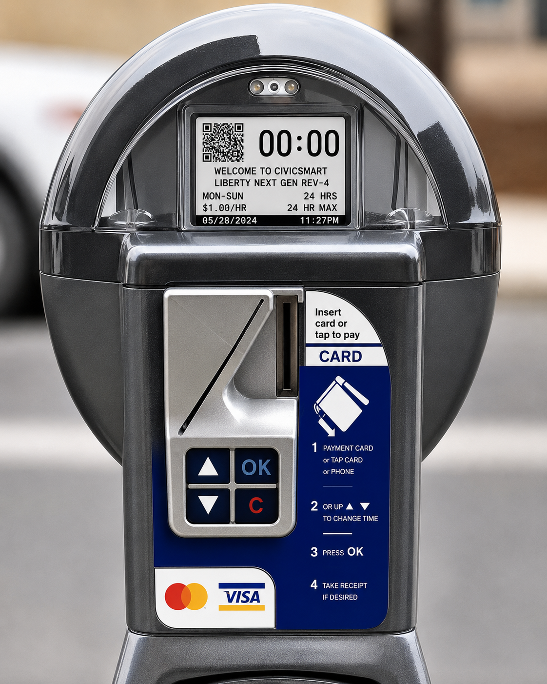 Liberty Next Gen (LNG) smart meter showing live QR pay-by-phone code and contactless card reader